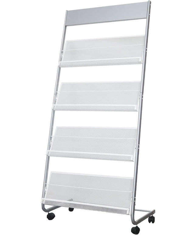4-Layer Iron Magazine Rack with Wheels, Newspaper Rack, Display Rack, Silver (63)