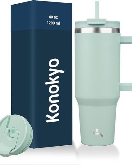 40 oz Tumbler with Handle and 2 Straws,2 in 1 Lid Insulated Water Bottle Stainless Steel Travel Coffee Mug,Retro Green