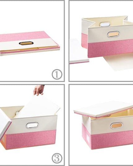 PRANDOM Collapsible Storage Bin with Lid [3-Pack] Fabric Foldable Storage Box Organizer Container Basket Cube with Cover for Home Bedroom Closet Office Nursery Pink&Cream(14.9x9.8x9.8)