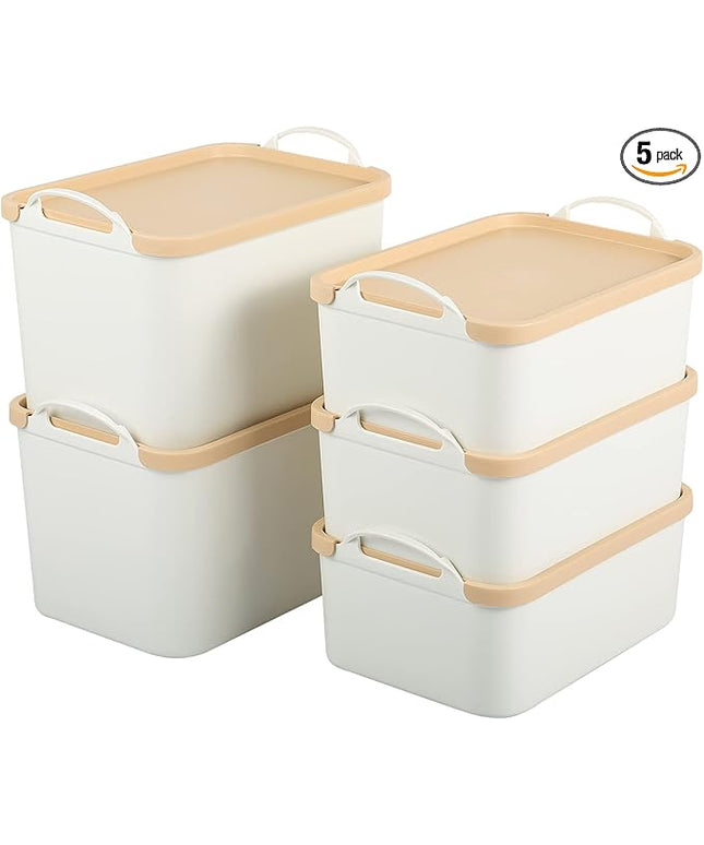 ANMINY 5PCS Plastic Storage Bins Containers with Lids, Large White Storage Organization Bins Boxes, Lidded Plastic Storage Baskets for Closet Shelves Drawers Desktop - 2 Medium 3 Small, Wheat Lids