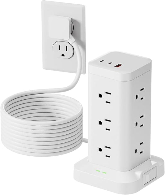 Power Strip Tower with Surge Protector 1800J, Fast Charging PD20W USB-C Ports with 12 AC Outlet Extenders, 10ft Extension Cord for Home Office Dorm Room Essentials, White