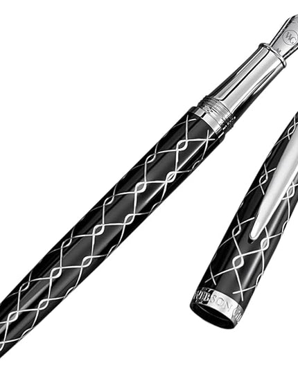 Webson Gill ‘The Weaver’ Black Luxury Executive Fountain Pen, Polished Lacquer & Chrome, Medium Nib, Smudge Free No Bleed, Use Any Fountain Ink w/Included Converter, Fits Cartridges (sold separately)