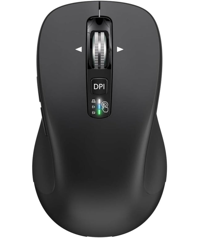 Wireless Bluetooth Mouse (USB + BT1 + BT2), Full Size, 4-Way Scrolling, Multi-Device Silent Mouse for Computer, Laptop, iPad, MacBook (Black)