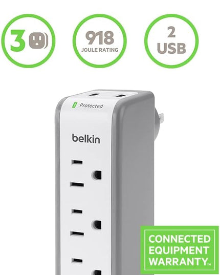 Belkin Wall Mount Surge Protector - 3 AC Multi Outlets & 2 USB Ports - Flat Rotating Plug Splitter - Wall Outlet Extender for Home, Office, Travel, Computer Desktop & Phone Charger - 918 Joules