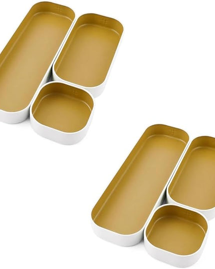 Three by Three Seattle 6 Piece Shallow Metal Organizer Tray Set for Storing Makeup, Stationery, Utensils, and More in Office Desk, Kitchen and Bathroom Drawers (1 Inch, Gold and White)