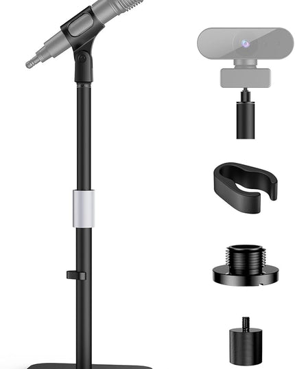 Desktop Microphone Stand with 180° Mic Clip, Height Adjustable Table Mic Stand with Metal 5/8" and 1/4'' Screw Adapter for Blue Yeti, Snowball Spark & Other Microphone Device