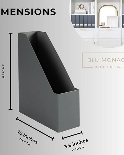 BLU MONACO | Set of 6 Foldable Grey Magazine File Holders with Gold Label Holders | Vertical File Organizer Boxes for Desk, Bookshelf & Home Office Storage