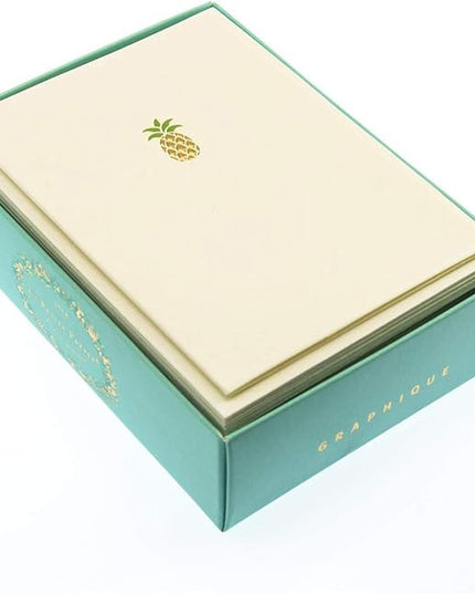 Graphique Pineapple La Petite Presse Boxed Notecards - 10 Embellished Gold Foil Pineapple Blank Cards with Matching Envelopes, 3.25" x 4.75"