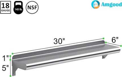 AmGood 6" X 30" Stainless Steel Wall Shelf | Metal Shelving | Garage, Laundry, Storage, Utility Room | Restaurant, Commercial Kitchen | NSF