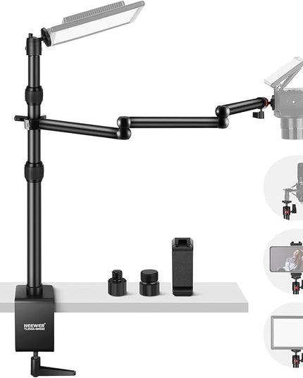 NEEWER Upgraded Overhead Camera Rig with Trifold Camera Boom Arm (Max Load 2lb), 47"/1.2m Telescopic Desk Mount Stand (Max Load 8.8lb) with Phone Clamp Ball Head for LED Light Webcam Mic, TL253A+MH022