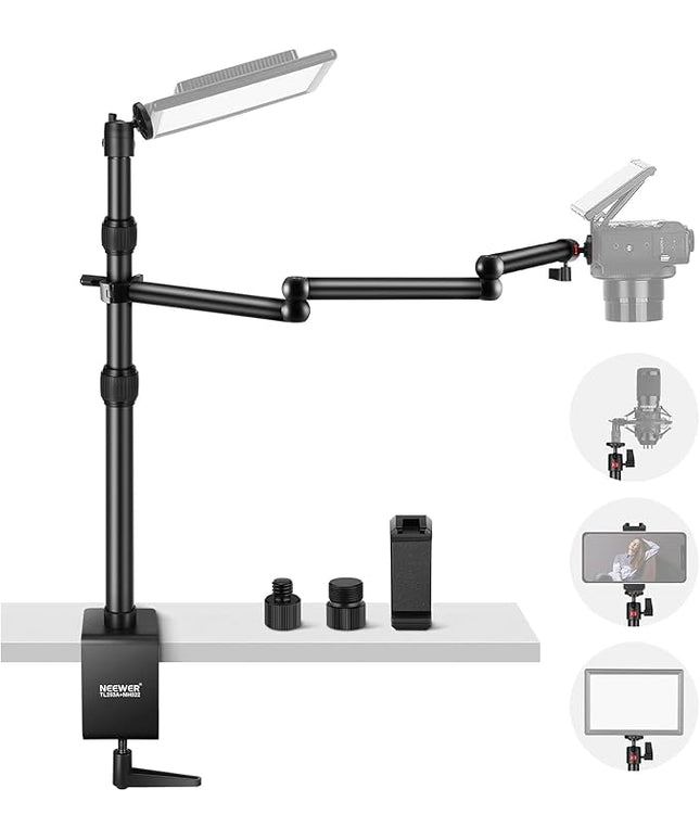 NEEWER Upgraded Overhead Camera Rig with Trifold Camera Boom Arm (Max Load 2lb), 47"/1.2m Telescopic Desk Mount Stand (Max Load 8.8lb) with Phone Clamp Ball Head for LED Light Webcam Mic, TL253A+MH022