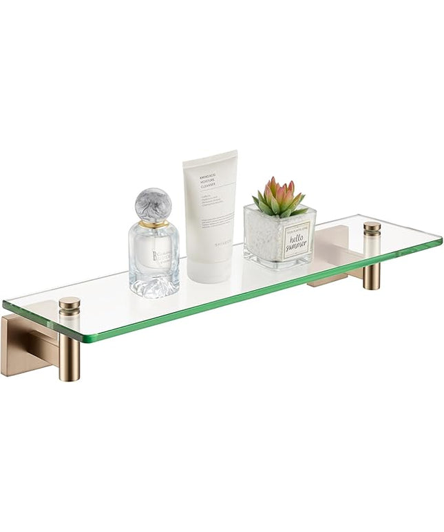 KOKOSIRI Wall Shelves Bathroom Hardware Glass Floating Shelf 20-Inch for Bedroom, Living Room, Kitchen, Hanging Rack Champagne Bronze B1105CPG-L20