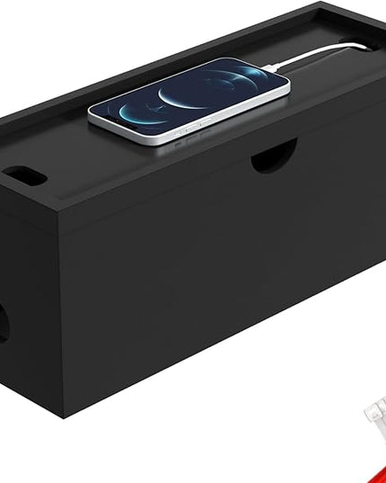 Bamboo Cable Management Box, Large Cord Organizer Box Cable Box to Hide Wires & Power Strips for Desktop Storage Cord Holder for Office Home,No Assembley Required (All Black, Large)