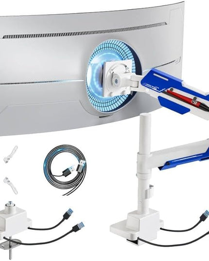 ARES WING CoreArm Single Monitor Mount with USB, Ultrawide Monitor Arm for 24 to 57'' Heavy Duty Curved Screen, Adjustable Gas Spring Monitors Arm Stand up to 66LBS with 75/100/200 Vesa Mount, White