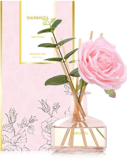 Reed Diffusers Set Rose Scent, Reed Diffuser for 120 Days, Diffusers for Home Pink Bottle,Bathroom Diffuser with 7 Sticks, Home Decor, Shelf Decor