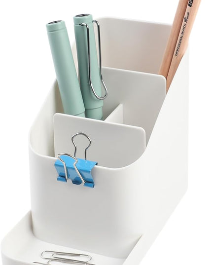 BLUE GINKGO Desk Holder – Korean-Made Office Organizer for Pencils, Pens, Notes, and Desk Supplies (White)