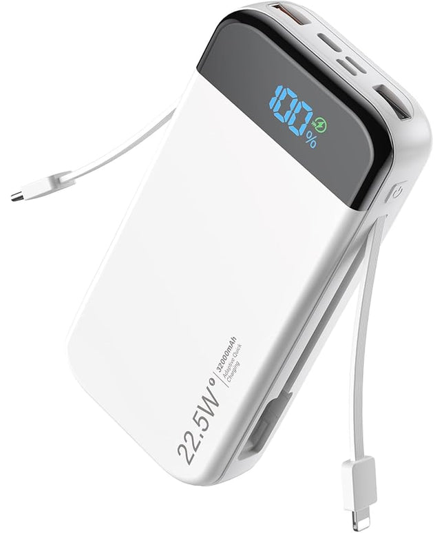 Portable Charger Power Bank 32000mAh with Built in Cables, PD3.0 USB C Fast Phone Charger, 5 Outputs LCD Display Travel Battery Pack Compatible with iPhone, Samsung All Cell Phones (White)