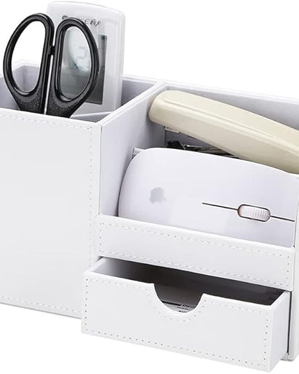 KINGFOM Desk Organizer Office Supplies Caddy Pu Leather Multi-function Storage Box Pen/Pencil,Cell phone, Business Name Cards Remote Control Holder with Small Drawer White