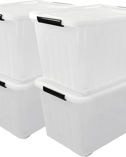 4-Pack 70 L Large Clear Storage Boxes, Plastic Latching Boxes with Wheeles