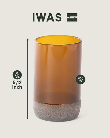 IWAS Upcycled Tall Auburn Drinking Glasses | 350 ML | 12 OZ | Set of 6 | Sustainable Water and Juice Glass For Home | Light Brown Cup | Thick High Ball Modern Amber Glassware | Better Than Recycled