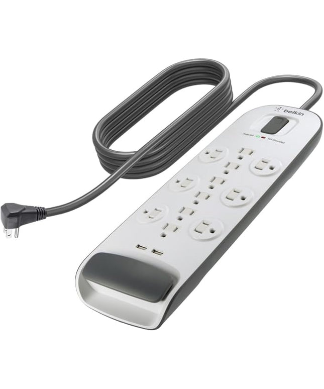 Belkin USB Power Strip Surge Protector - 12 AC Multiple Outlets & 2 USB Ports - 6 ft Long Flat Plug Extension Cord for Home, Office, Travel, Computer Desktop & Charging Brick - White (3,996 Joules)