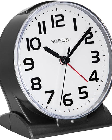 FAMICOZY Automatically Backlighted Alarm Clock,Silent No Ticking for Seniors Vision Impaired,Easy to Set,Big Numbers,Ascending Alarm,Gentle Wake,Snooze,2 AA Battery Operated,Black