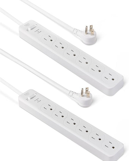 Amazon Basics Rectangle 6-Outlet Surge Protector Power Strip with Circuit Breaker, 600 Joule, 2ft Cord, White, 2-Pack