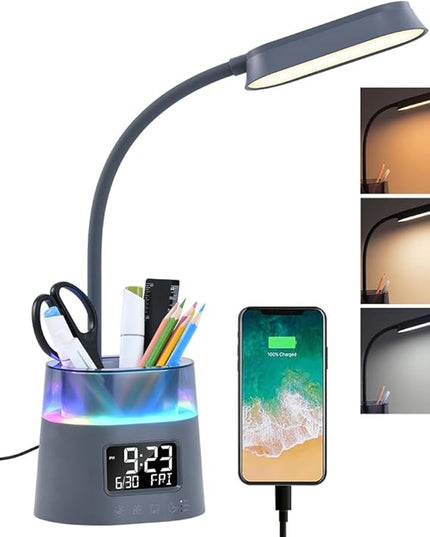 WILIT LED Desk Lamp for College Dorm Room Essentials, Students Study Lamp with Charging Station, Pen Holder, Clock & RGB Night Light, Office Desk Accessories, Table Lamp for Bedroom - Gray