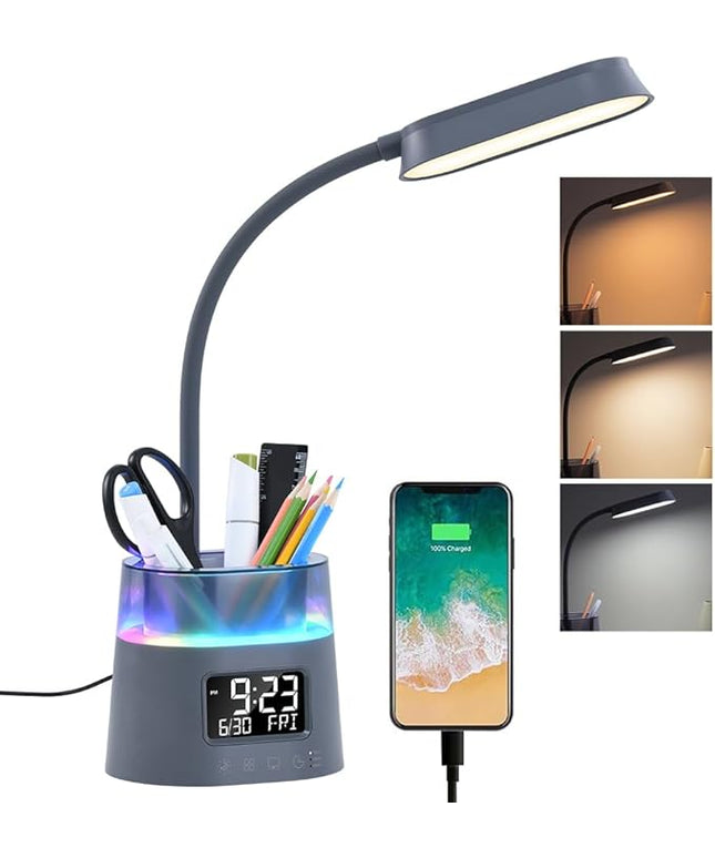 WILIT LED Desk Lamp for College Dorm Room Essentials, Students Study Lamp with Charging Station, Pen Holder, Clock & RGB Night Light, Office Desk Accessories, Table Lamp for Bedroom - Gray