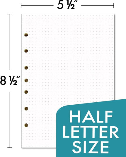 Dotted Filler Paper Pack of 100 Sheets, 7 Hole Punched Planner Refills 5 1/2 x 8 1/2 Inches, Fit 3 or 7 Ring Mini Binders