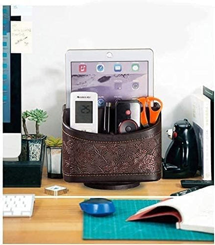 Arniche PU Leather Remote Control Organizer with 360° Spinning Design,Desk Organizer for TV Remote,Phone,Pen,Glasse,Mail,Tablet,Calculator,Controller-Home & Office Storage Caddy (Antique Brown) ﻿