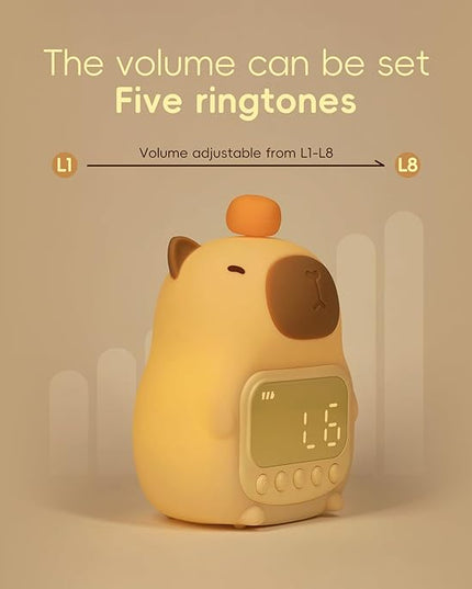 Capybara Alarm Clock with Night Light for Kids, Cute Toddler Alarm Clocks for Bedrooms Ok to Wake Clocks for Girls and Boys, Silicone Animal Tabletop Lamp for Kid, RGB Color
