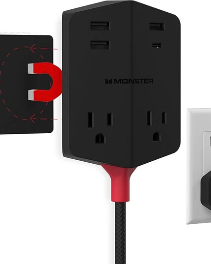 Monster Power Shield: Magnetic Wall Outlet Extender, Multiple Plug Outlet with 2 AC Outlets, 3 USB-A Ports, & 1 USB-C Port (20W)