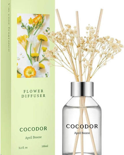 COCODOR Flower Reed Diffuser Set / 3.4oz / April Breeze/Scent Diffuser with Sticks Home Fragrance Reed Diffuser for Bathroom Shelf Decor