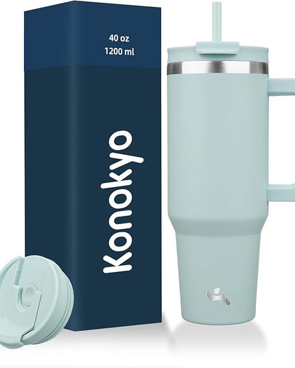 40 oz Tumbler with Handle and 2 Straws,2 in 1 Lid Insulated Water Bottle Stainless Steel Travel Coffee Mug,Blue Haze