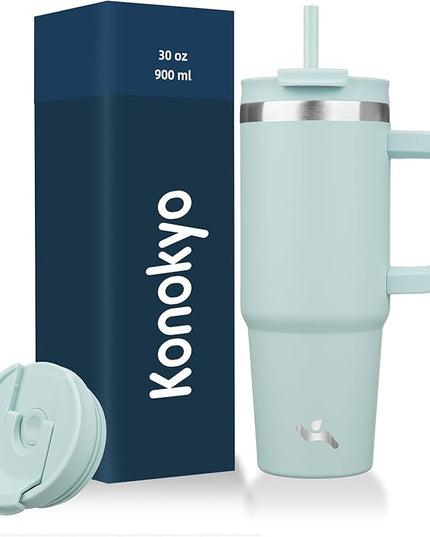 30 oz Tumbler with Handle and 2 Straws,2 in 1 Lid Insulated Water Bottle Stainless Steel Travel Coffee Mug,Blue Haze