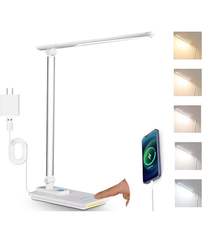 TECHNOVA LED Desk Lamp with 5 Color Temperatures | Sliding Stepless Dimming & One-Touch Timer | Foldable & Portable Design for Office/Study/Nail Art | USB Charging & Four-Axis Rotation for Small Desks