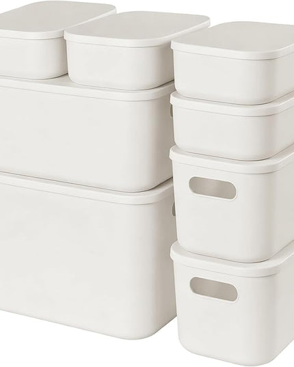 ANMINY 8PCS Plastic Storage Bins Containers with Lids, Large White Storage Organization Bins Boxes, Lidded Plastic Storage Baskets for Closet Shelves Drawers Desktop Home Office, White