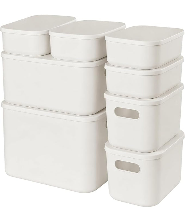 ANMINY 8PCS Plastic Storage Bins Containers with Lids, Large White Storage Organization Bins Boxes, Lidded Plastic Storage Baskets for Closet Shelves Drawers Desktop Home Office, White