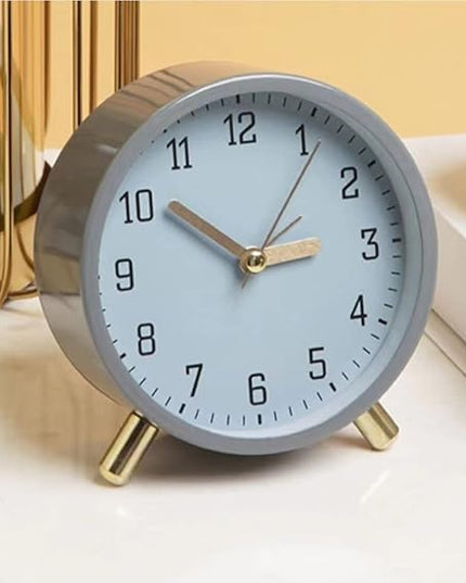 SHISEDECO Alarm Clock with Backlight, 4.5 inches Bedside Analog Non-Ticking Silent Small Deskclock with Arabic Numerals, Battery Operated Round Tableclock for Living Room, Bedroom (Grey Clock)