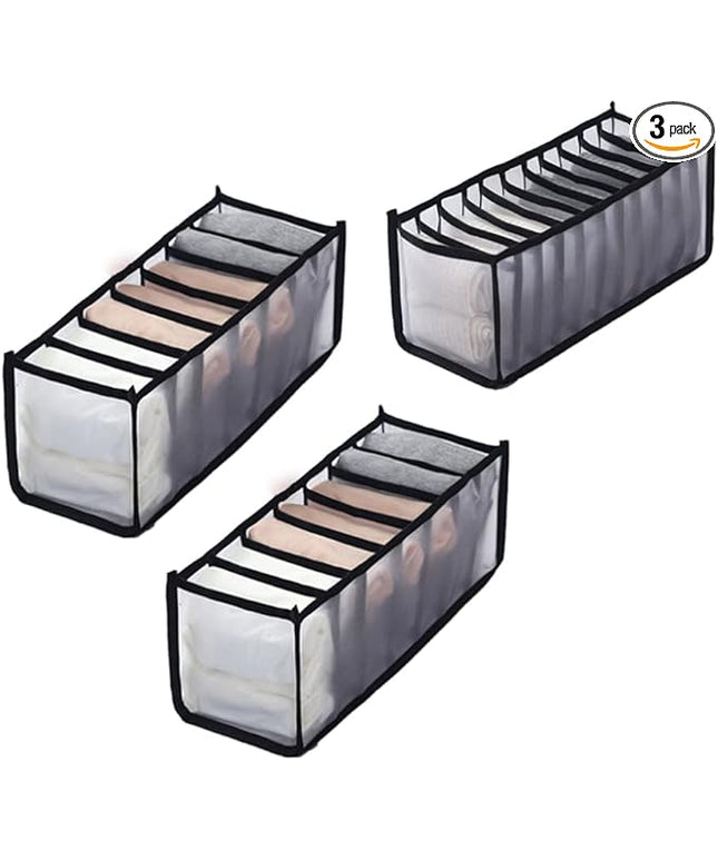 HSLFUAI Pack of 3 Mesh Drawer Organizer Underwear Drawer Organizer Socks Compartment Storage Mesh Clothing Sorting Drawer Divider Organizer(7Grids+7Grids+11Grids)
