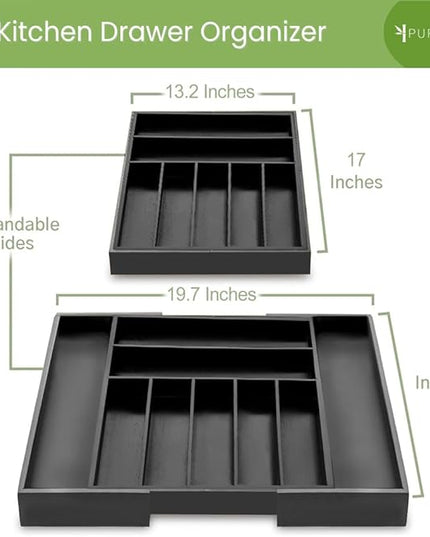 Purawood Bamboo Drawer Organizer - Expandable Silverware Organizer & Utensil Organizer, Cutlery Tray with Dividers, 7-9 Slots - Premium Kitchen Drawer Organizer for Utensils & Flatware (Black)