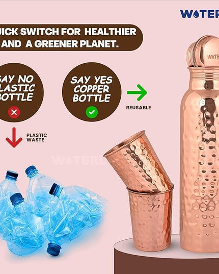 Hammered Copper Water Bottle (34 Oz /1000ml) With Set Of 2 Tumbler (10 Oz/300ml Each) | Best use for Office,Gym & gifts |100% Pure Copper Material with Leak proof Quality Made In India