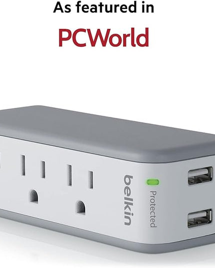 Belkin Wall Mount Surge Protector - 3 AC Multi Outlets & 2 USB Ports - Flat Rotating Plug Splitter - Wall Outlet Extender for Home, Office, Travel, Computer Desktop & Phone Charger - 918 Joules
