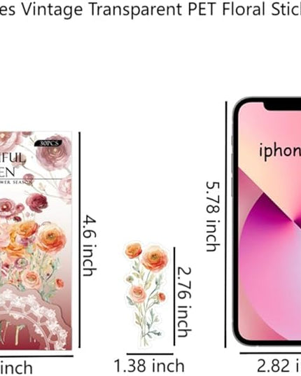 120 Pieces Vintage Transparent PET Floral Stickers for Journaling, 4 Styles Watercolor Flower Set, Decorative Sticker for Scrapbooking, Junk Journal Supplies, Collage