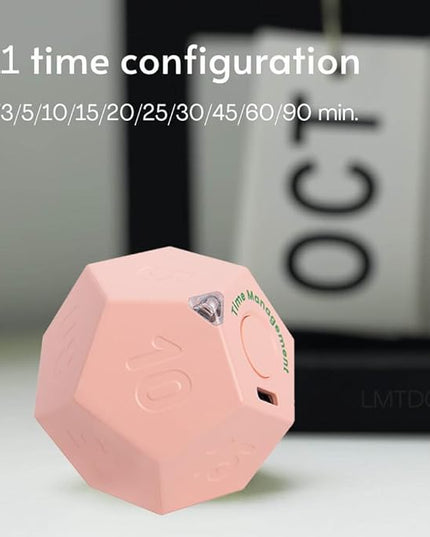 Mini 12 Sided Cube Timer, 11 Preset Times Pomodoro Timer for Enhanced Productivity. Ideal for ADHD Management, Workout, Study & Kitchen Cooking. Easy to Use (Pink)