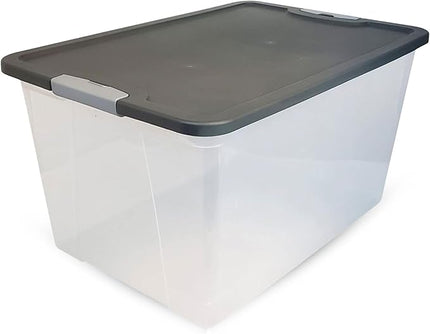 HOMZ 2-Pack Secure Latch, Clear Plastic Storage Organizer Bins, 64 Quart, Gray Lid - Heavy-Duty Container Boxes with Lids for Home, Office, and Garage