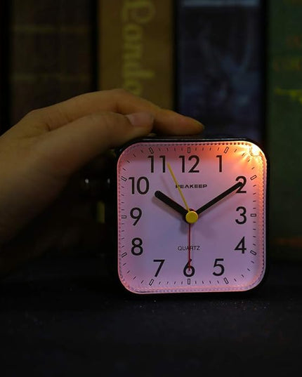 Peakeep Small Battery Operated Analog Travel Alarm Clock Silent No Ticking, Lighted on Demand and Snooze, Beep Sounds, Gentle Wake, Ascending Alarm, Easy Set (Black)