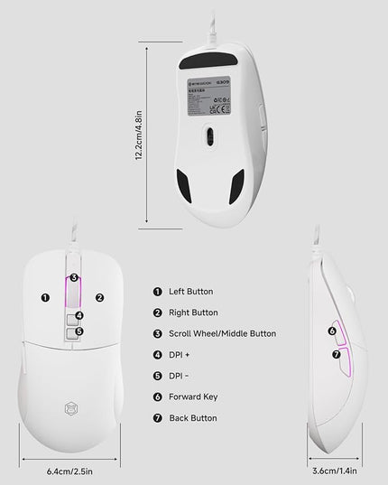 EWEADN G309 Wired Mouse, 7-Button Ergonomic Computer Corded Mouse with 2400 DPI, 4 Adjustment Levels DPI, Optical Office USB Mice with 5FT Cord for Laptop, PC, Desktop, MacBook-White