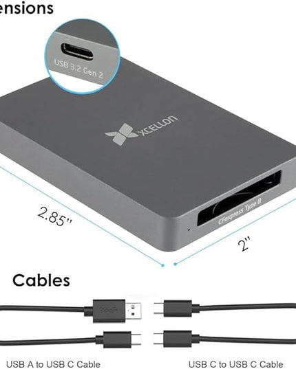 CFexpress Type B Card Reader with USB 3.2 Gen 2, 10Gbps High-Speed Data Transfer, USB C to USB C/USB A Cable, Aluminum Enclosure, Push Lock and Security LED Indicator